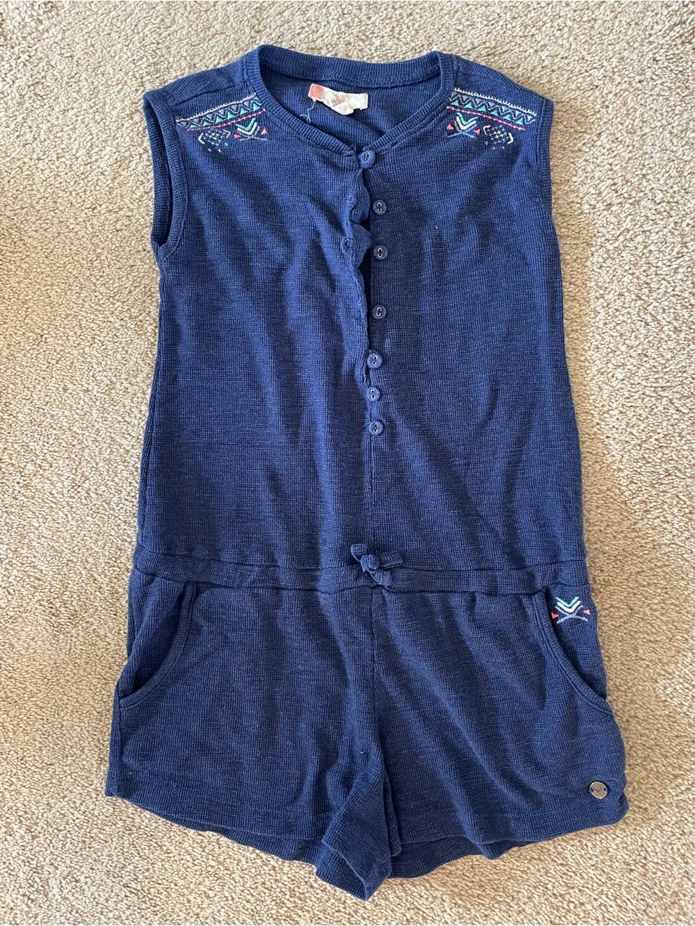 Roxy Girl Navy Sleeveless Knit Romper with Embroidered Accents